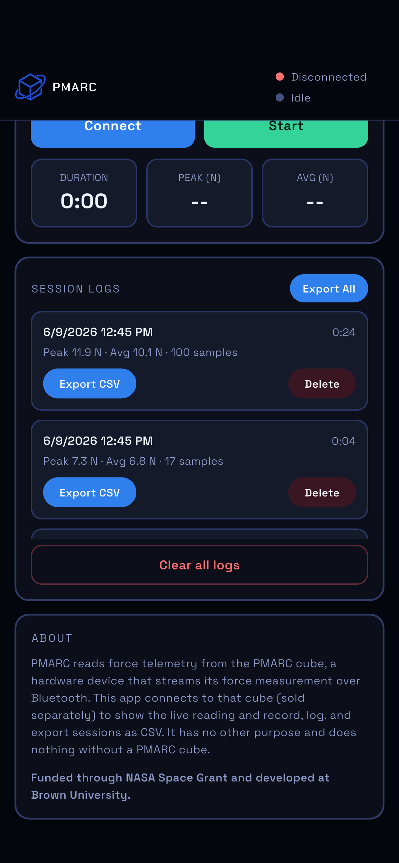Session logs screen